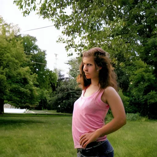 Prompt: cameraphone photo, 2007, photo of a 21-year-old Canadian woman in her yard