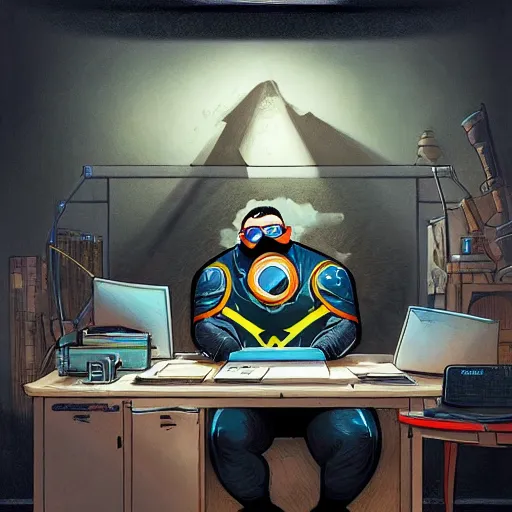 Prompt: an insanely detailed painting of a chubby nerdy asian man wearing a homemade superhero costume and mask, sitting at a computer desk typing on the keyboard, in the style of peter mohrbacher, dramatic lighting and composition, trending on artstation, concept art, comic book, graphic novel, back view