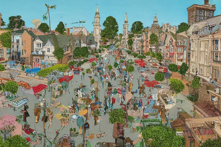 Image similar to an elaborate and dense painting of a peaceful neighborhood, detailed, made of alcohol ink on parchment and penned illustrations, by wes anderson and geoff darrow