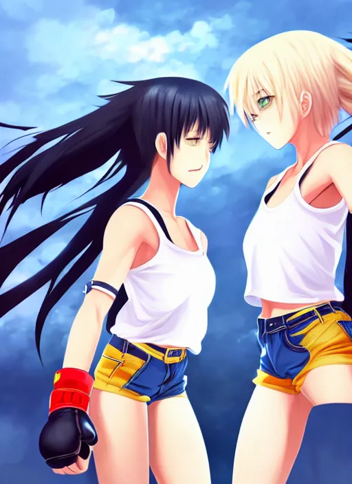 Prompt: two beautiful identical female fighters facing each other, jean shorts, white top, dim lighting, gorgeous features, high resolution, detailed digital anime art