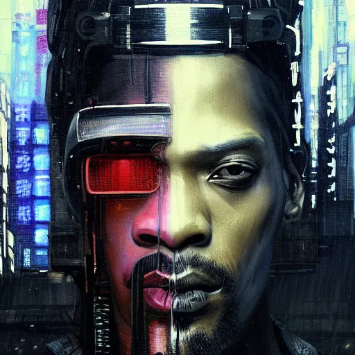 Image similar to a beautiful ukiyo painting of snoop dog cyberpunk blade runner, dramatic pose, wearing japanese techwear, detailed symmetrical, intricate complexity, concept art, by ismail inceoglu dragan bibin hans thoma greg rutkowski alexandros pyromallis nekro rene maritte illustrated, perfect face, fine details, realistic shaded, fine - face, pretty face