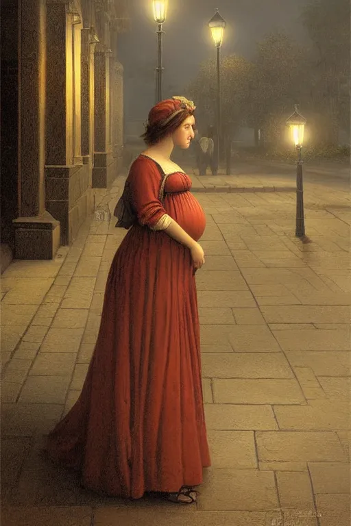 Image similar to pregnant woman under street light, highly detailed, sharp focused, ultra realistic digital concept art by Edmund Blair Leighton