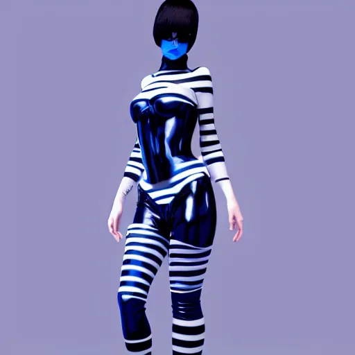 Prompt: a pale goth woman with a modest elaborate elegant blue-white multilayered latex striped tight high-neck outfit, fully clothed, cgsociety, photorealistic, sublime-cool-badass-hyperadvanced, 16k, smooth, sharp focus, trending on ArtStation, volumetric lighting