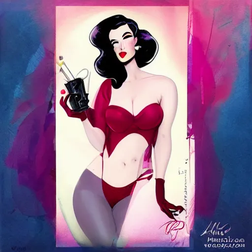 Prompt: a pinup illustration of dita von teese in the style of anna dittmann and in the style of alex maleev.