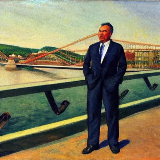 Prompt: viktor orban with highly detailed face standing on the bank of danube river, looking at the destroyed chain bridge in budapest, by edward hopper