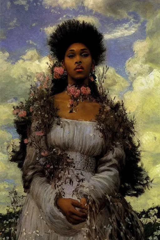 Image similar to close - up fashion afro woman portrait airy flowers cloudy sky art by vasnetsov