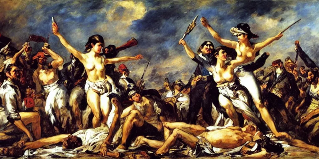 Image similar to eugene delacroix's Liberty Leading The People modern characters