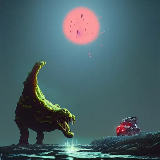 Image similar to giant creature lurking over a cowering smaller creature, epic science fiction horror by Simon Stalenhag and Mark Brooks, extremely detailed