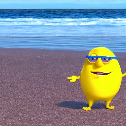 Prompt: animation of a Pixar lemon character wearing sunglasses chilling at the beach
