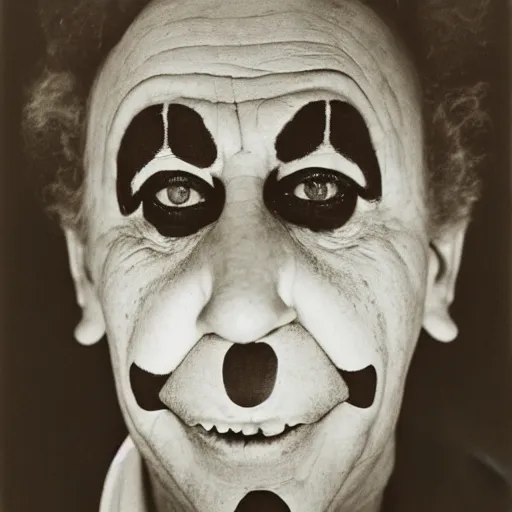 Prompt: portrait of clown by Diane Arbus, 50mm, black and white