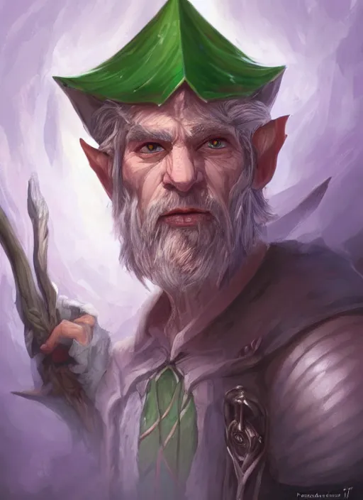 Prompt: old male wood elf hermit, has short straight white hair and green eyes, rough pink skin, lean build, triangular cute face, wears a fancy hat, dnd character art portrait, matte fantasy painting, deviantart artstation, by jason felix by steve argyle by tyler jacobson by peter mohrbacher, cinematic lighting