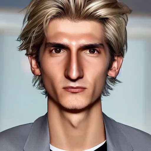 Image similar to a closeup shot of handsome xqc, gigachad, strong jawline, photorealism, 8k