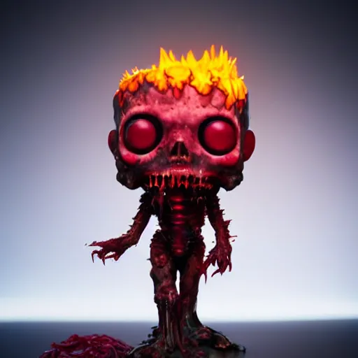 Image similar to funko pop doll of a terrifying lovecraftian giant mechanized melting zombie on fire taken in a light box with studio lighting, high detail, some background blur