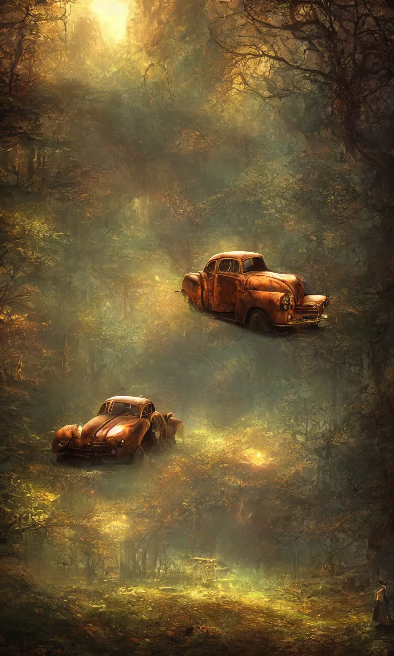 Prompt: a beautiful painting of an old rusted dieselpunk car in an enchanted forest, by heinrich schlitt, marc simonetti and john howe, artstation. fairies. early evening. volumetric lighting