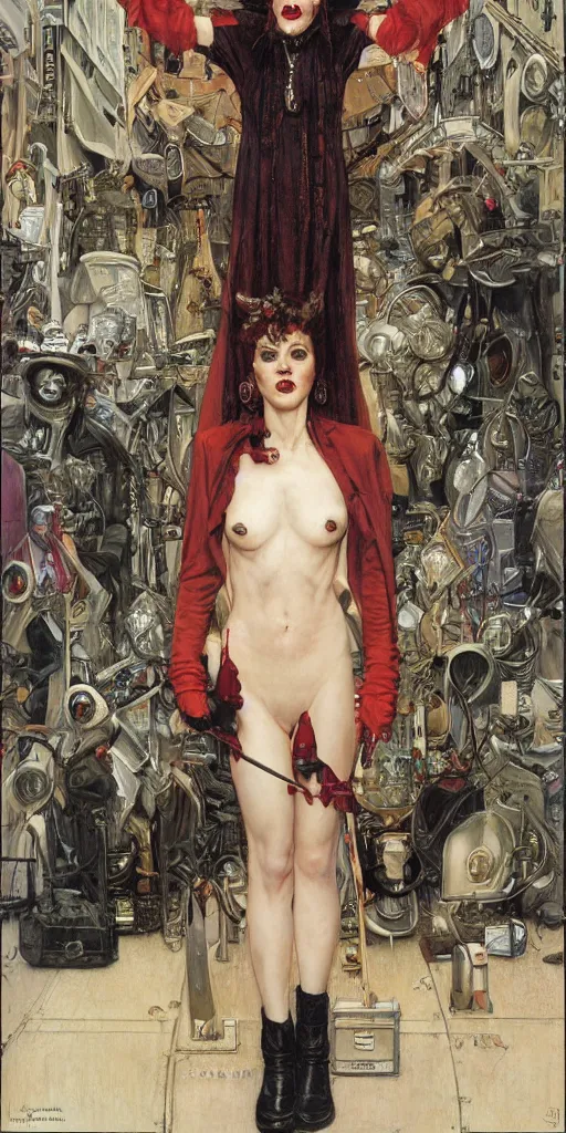 Image similar to portrait of an urban female vampire, with an unusual sense of fashion, by donato giancola and norman rockwell.