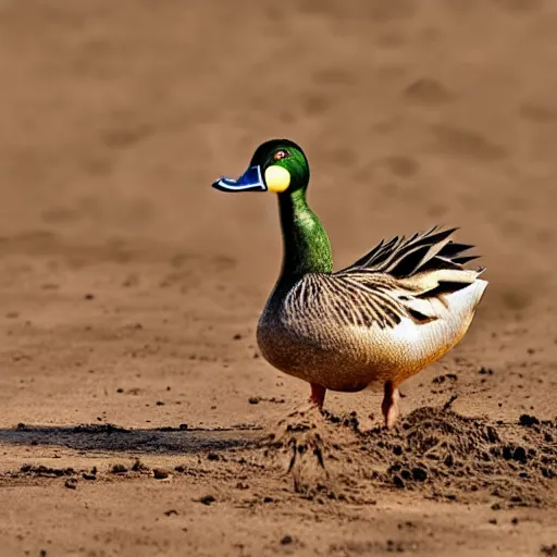 Image similar to dry mud. with duck. realistic photo. masterpiece. dirt.