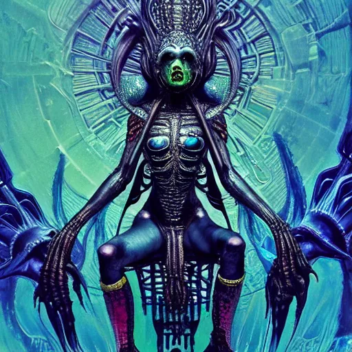 Image similar to Alien Queen sits on the throne, very colourful, highly detailed, black horror, H.R. Giger, artstation, intricate, smooth, sharp focus, bright, happy, illustration, art by Artgerm and Greg Rutkowski and Alphonse Mucha and Yuumei, good clear quality, lighting, biology, symmetrical artwork, perfect face, 135 mm, cinematic, hyper realism, glittering ice, dark, moonlight, high detail, octane render, 8k, crimson highlights