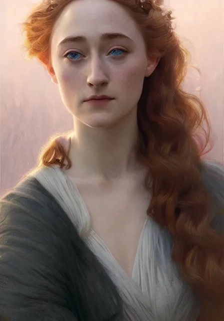 Image similar to sansa saoirse ronan, intricate, elegant, highly detailed, digital painting, artstation, concept art, smooth, sharp focus, illustration, art by artgerm and greg rutkowski and alphonse mucha and william - adolphe bouguereau