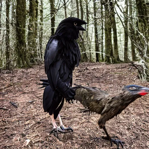 Image similar to !!! chimera consisting of male human and crow, photograph captured in a forest