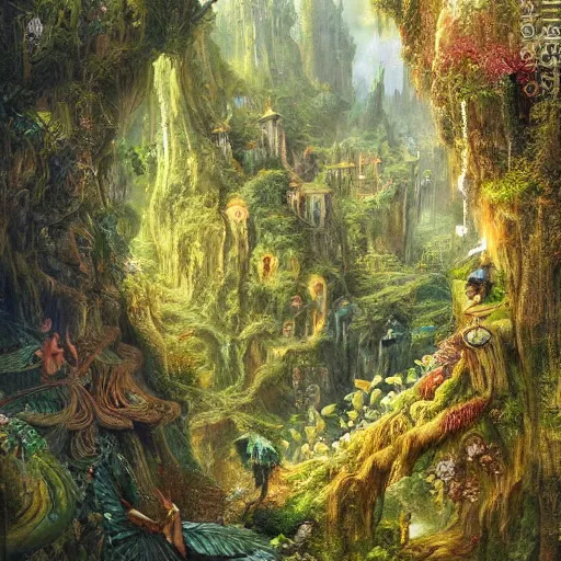 Prompt: a beautiful and highly detailed oil painting of a secret fairy land hidden deep in the lush mountains, wooden structures, intricate details, epic scale, insanely complex, 8 k, sharp focus, hyper realism, fantasy landscape, psychedelic, by caspar friedrich and brian froud,