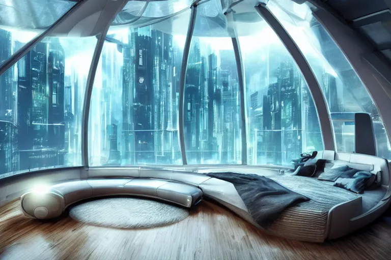 Image similar to a futuristic bedroom with large curved ceiling high windows looking out to a far future cyberpunk cityscape, cyberpunk neon lights, raining, scifi