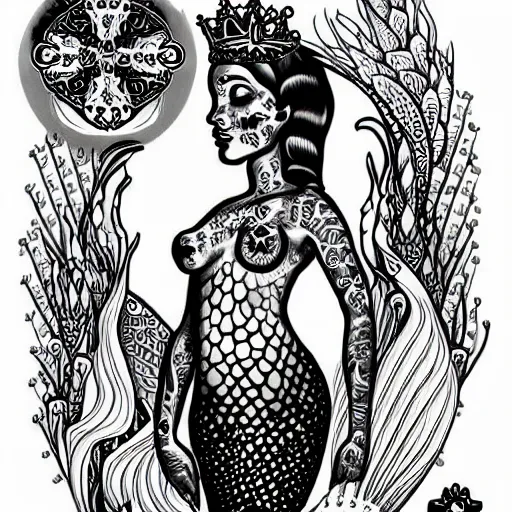 Prompt: a peaceful meditative mermaid wearing a crown, full body, symmetrical, highly detailed black and white new school pinup tattoo design