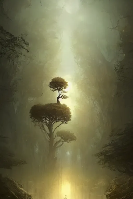 Prompt: a beautiful terrifying tree monster looms over a tiny human. epic dawn, ethereal fantasy art by greg rutkowski