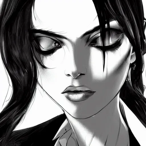 Image similar to slim beautiful killer girl in tuxedo with black wavy bob hair, elegant, 2d, ultra highly detailed, digital painting, smooth, sharp focus, artstation, black and white art by Tsutomu Nihei