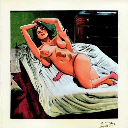 Image similar to playful by neal adams. a body art of a woman reclining on a bed.