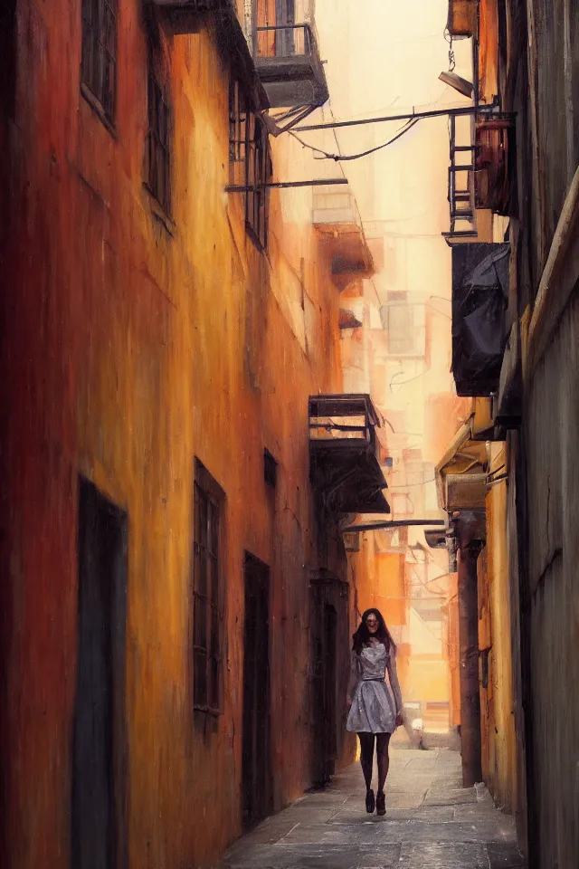 Image similar to a portrait of a beautiful girl walking down an alleyway, market setting, warm colors, soft lighting, atmospheric, cinematic, moody, in the style of diego koi, gina heyer, luiz escanuela, art by alyssa monk, hyperrealism, rule of thirds, oil on canvas, 8 k