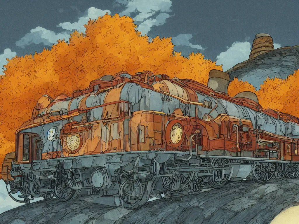 Image similar to cross - section close - up sideview of a steam anime train, autumn light, colorful, nausicaa of the valley of the wind, beautiful, by studio ghibli, digital art, concept art, manga, cute and adorable, illustration