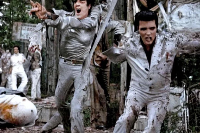 Image similar to film still with a full body shot of Elvis Presley turned into a horrific zombie, from the TV-series The Walking Dead (2010), promotional image, gory and very graphic