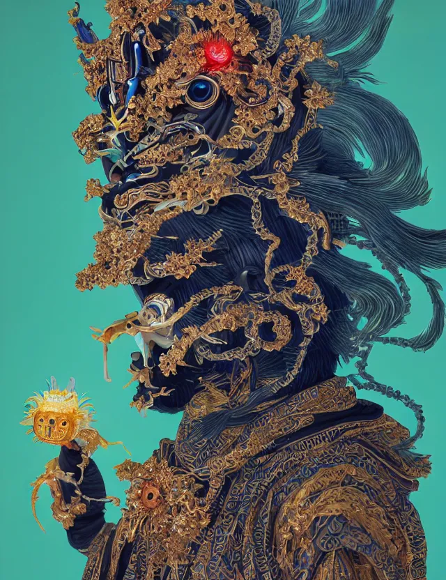 Image similar to the yey of god portrait with mask and crown made of ram skull. beautiful intricately detailed japanese crow kitsune mask and clasical japanese kimono. betta fish, jellyfish phoenix, bioluminescent, plasma, ice, water, wind, creature, super intricate ornaments artwork by tooth wu and wlop and beeple and greg rutkowski