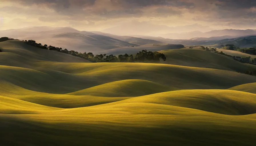 Image similar to a beautiful landscape painting, flying saucers, tuscany hills, by sam guay, moody lighting, hyperrealism, 4 k, octane render