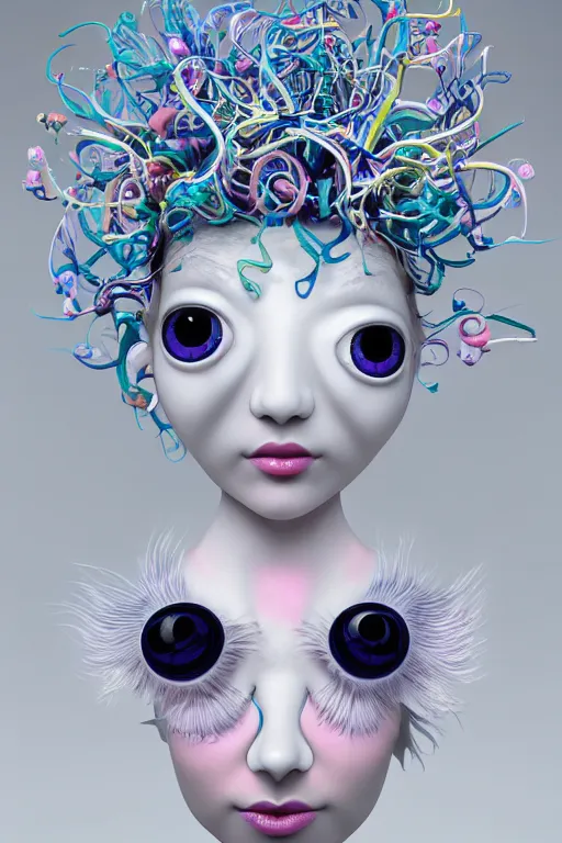 Prompt: 3 d full head and shoulders beautiful white porcelain woman smooth with colourful big eyeballs all through her hair, ornate detailed hair, 3 d swirling hair by theodor seuss geisel and daniel arsham and xiang duan, on a white background