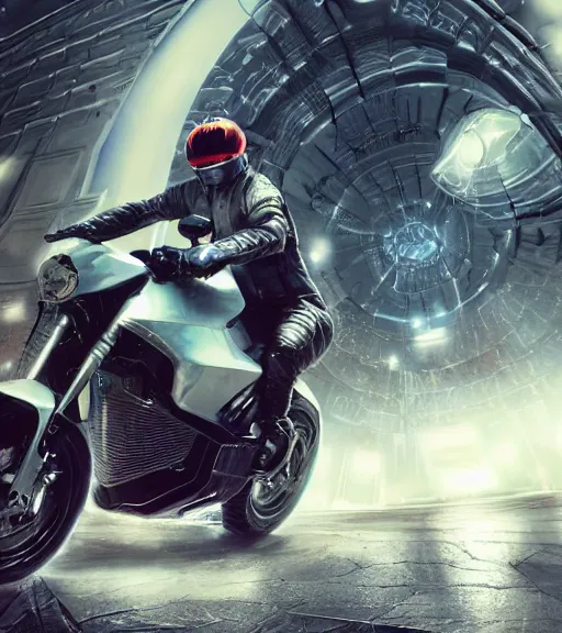 Image similar to mamimi riding a motorcycle in the race to the ancient and majestic tower of babylon destroyed, tron legacy, hyper realistic, ambient lighting, concept art, intricate, hyper detailed, tarkovsky greatest scene, smooth, dynamic volumetric lighting, octane, raytrace, cinematic, high quality, high resolution, 4 k, cgsociety, rutkowski, gurney