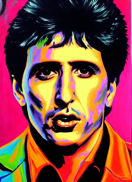 Image similar to ' acrylic painting of tony montana in a style of cyberpunk delivery club, in salvia divinorum, photorealistic glamour necro science'