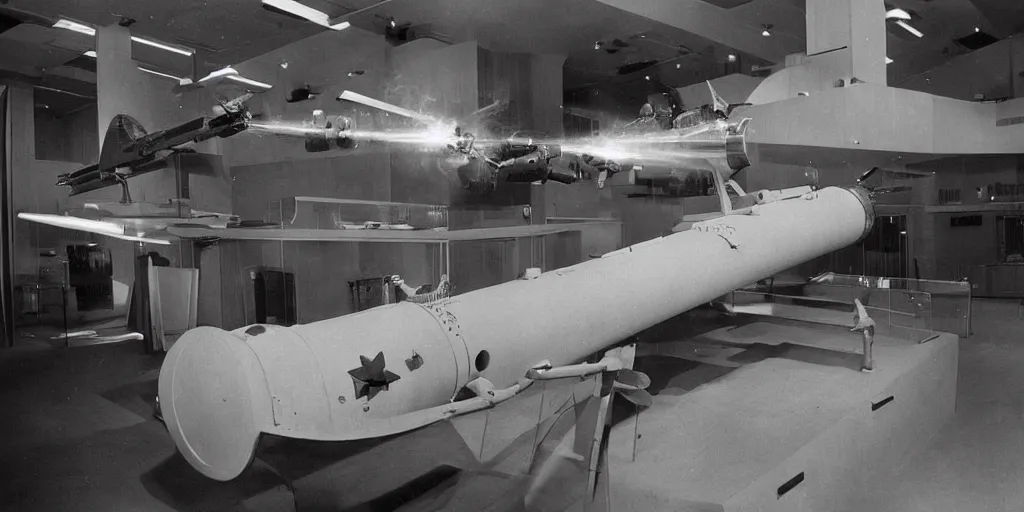 Prompt: museum display of ww 2 space laser weapons, archive photograph, 1 9 5 0's, sci - fi