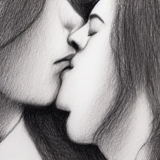 Image similar to close up of young lovers kissing, pencil sketch