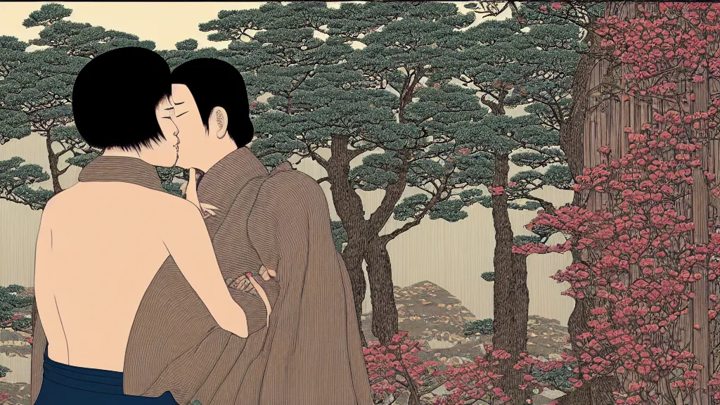 Prompt: Fran kissed me very gently on the lips, screen print by Kawase Hasui and dan hillier, 8k unreal engine