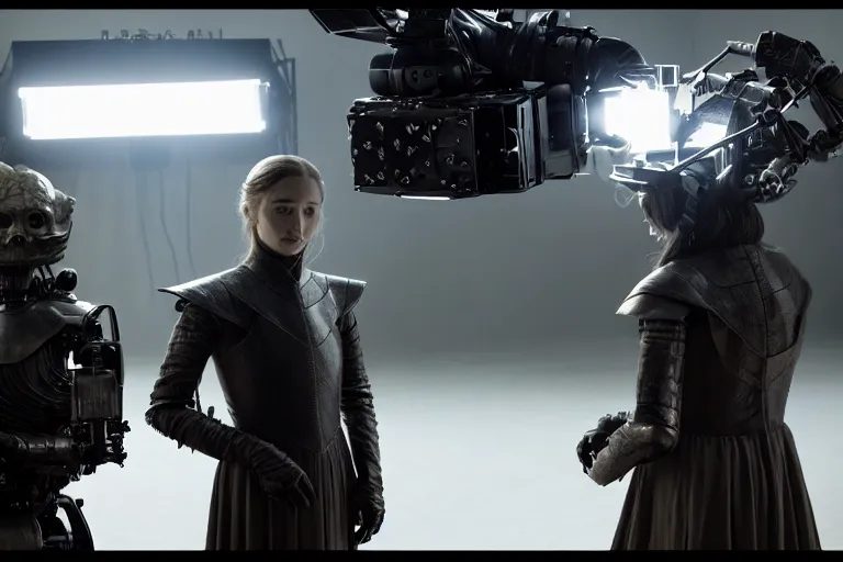 Image similar to vfx film, behind the scenes, on set, making of, film production, game of thrones robots, flat color profile low - key lighting award winning photography arri alexa cinematography, hyper real photorealistic cinematic, atmospheric cool colorgrade