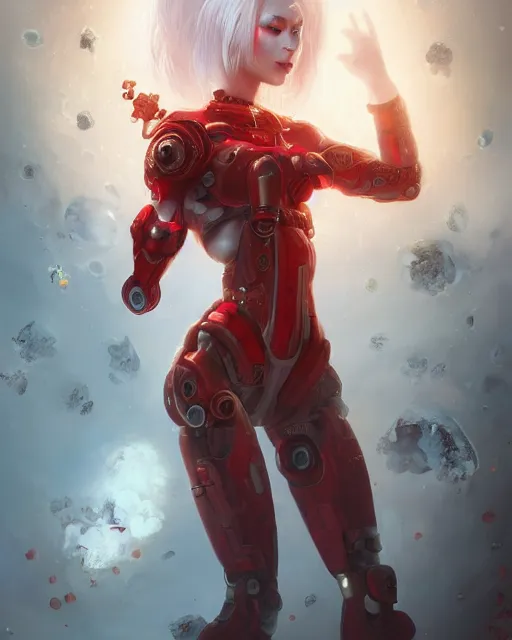 Image similar to cyborg girl with white hair and red clothes, alien hive, honey decorations, dreamy, beautiful illustration, scifi, radiant, atmosphere, harmony, top lighting, blue eyes, focused, perfect composition, artstation, highly detailed, art by yuhong ding and chengwei pan and serafleur and ina wong