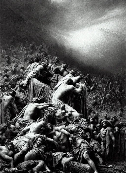 Image similar to pain, epic scene, photorealistic, highly detailed, texture, soft light, dramatic, moody, ambient, painting by gustave dore