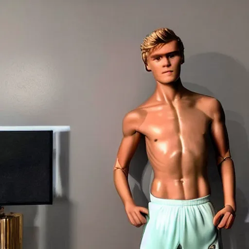 Image similar to a realistic detailed photo of a guy who is an attractive humanoid who is half robot and half humanoid, who is a male android, soccer player martin ødegaard, shiny skin, posing like a statue, blank stare, in a living room, on display, showing off his muscles, gold soccer shorts