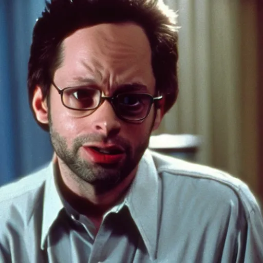 Prompt: film still of Nick Kroll as Dr Seth Brundle in The Fly 1986