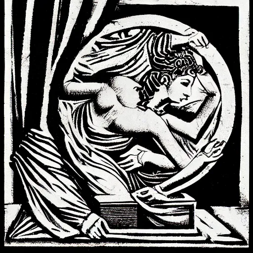 Prompt: Greek mythology pandora opening her box, block print, chiaroscuro, very beautiful, award-winning