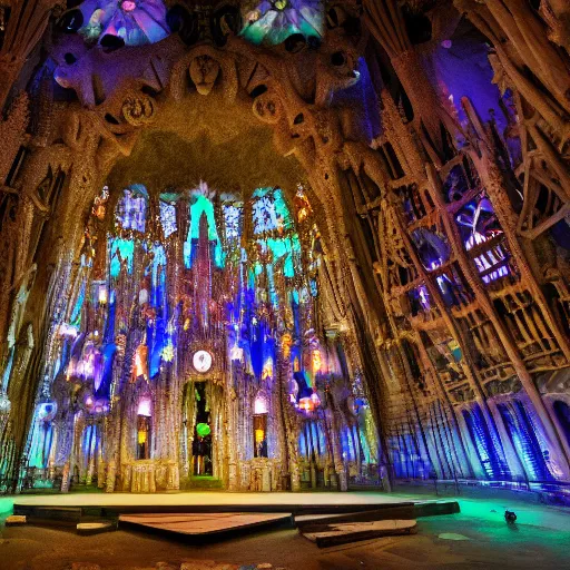 Prompt: glowing translucent theater stage in la sagrada familia, cyberpunk, dark room, science fiction magazine, cut up collage, 4 k close up, wide angle