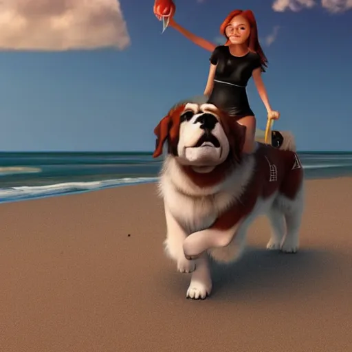 Image similar to girl riding a giant saint Bernard at the beach playing fetch, trending on artstation