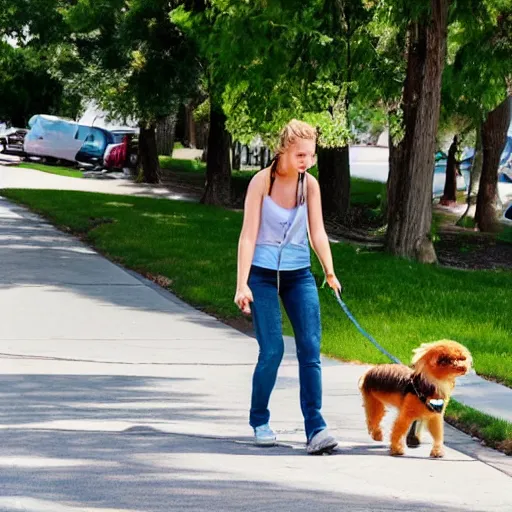 Prompt: A young woman walking her small dog on the sidewalk in the suburbs. Mid afternoon. Summer.