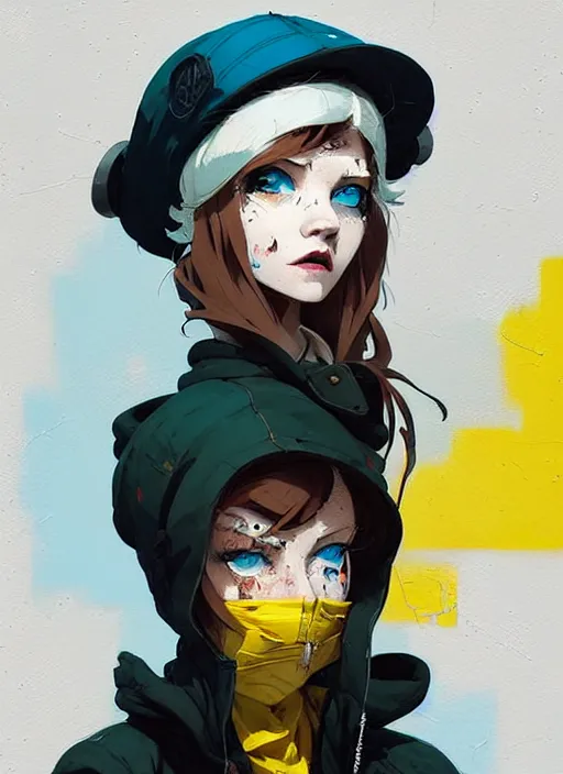 Prompt: highly detailed portrait of a sewerpunk lady student, blue eyes, tartan hoody, hat, white hair by atey ghailan, by greg rutkowski, by greg tocchini, by james gilleard, by joe fenton, by kaethe butcher, gradient yellow, black, brown and cyan color scheme, grunge aesthetic!!! ( ( graffiti tag wall background ) )